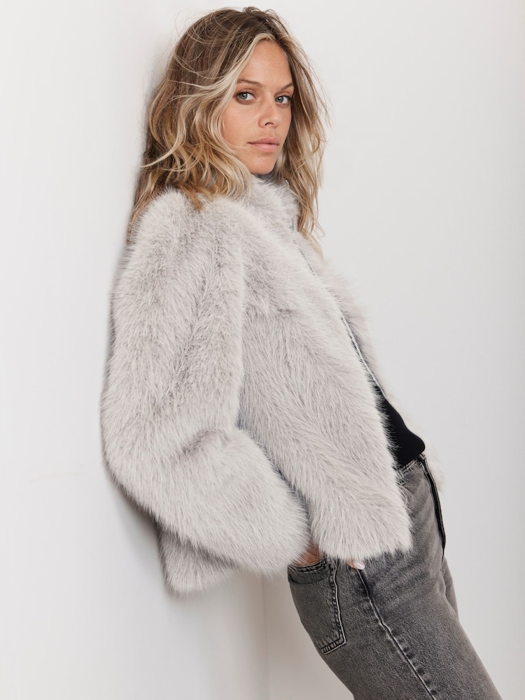 Mint Velvet Grey Faux Fur Crop Jacket - Image 1 of 4