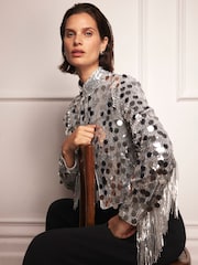 Mint Velvet Grey Sequin Fringed Shrug - Image 1 of 4