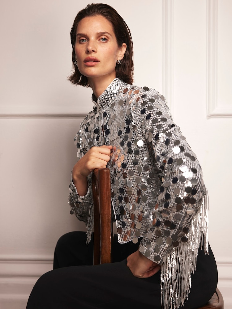 Mint Velvet Grey Sequin Fringed Shrug - Image 1 of 4