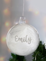Personalised Silver Glitter Name Only Feather Christmas Glass Bauble by PMC - Image 1 of 3
