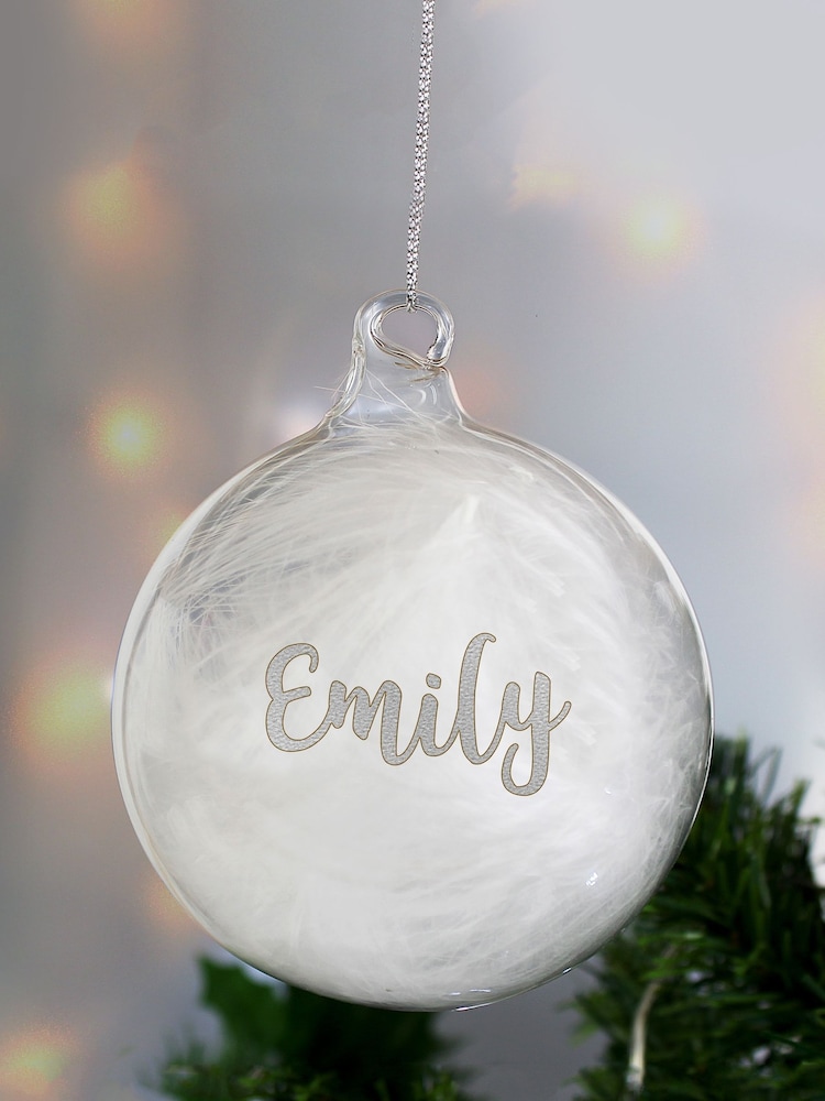 Personalised Silver Glitter Name Only Feather Christmas Glass Bauble by PMC - Image 1 of 3