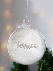 Personalised Silver Glitter Name Only Feather Christmas Glass Bauble by PMC - Image 2 of 3