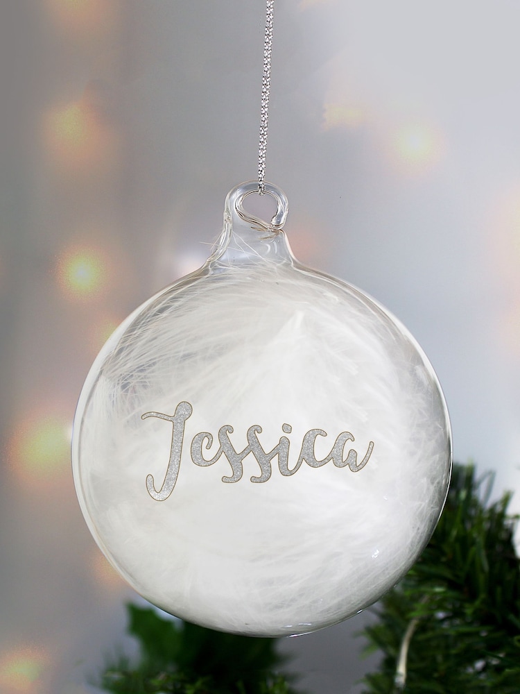 Personalised Silver Glitter Name Only Feather Christmas Glass Bauble by PMC - Image 2 of 3 Personalised Silver Glitter Name Only Feather Christmas Glass Bauble by PMC - Image 2 of 3