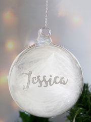 Personalised Silver Glitter Name Only Feather Christmas Glass Bauble by PMC - Image 3 of 3