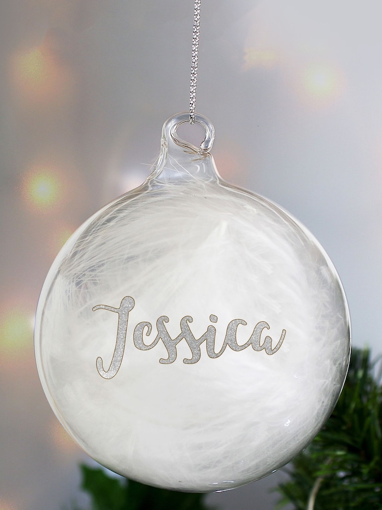 Personalised Silver Glitter Name Only Feather Christmas Glass Bauble by PMC - Image 3 of 3 Personalised Silver Glitter Name Only Feather Christmas Glass Bauble by PMC - Image 3 of 3