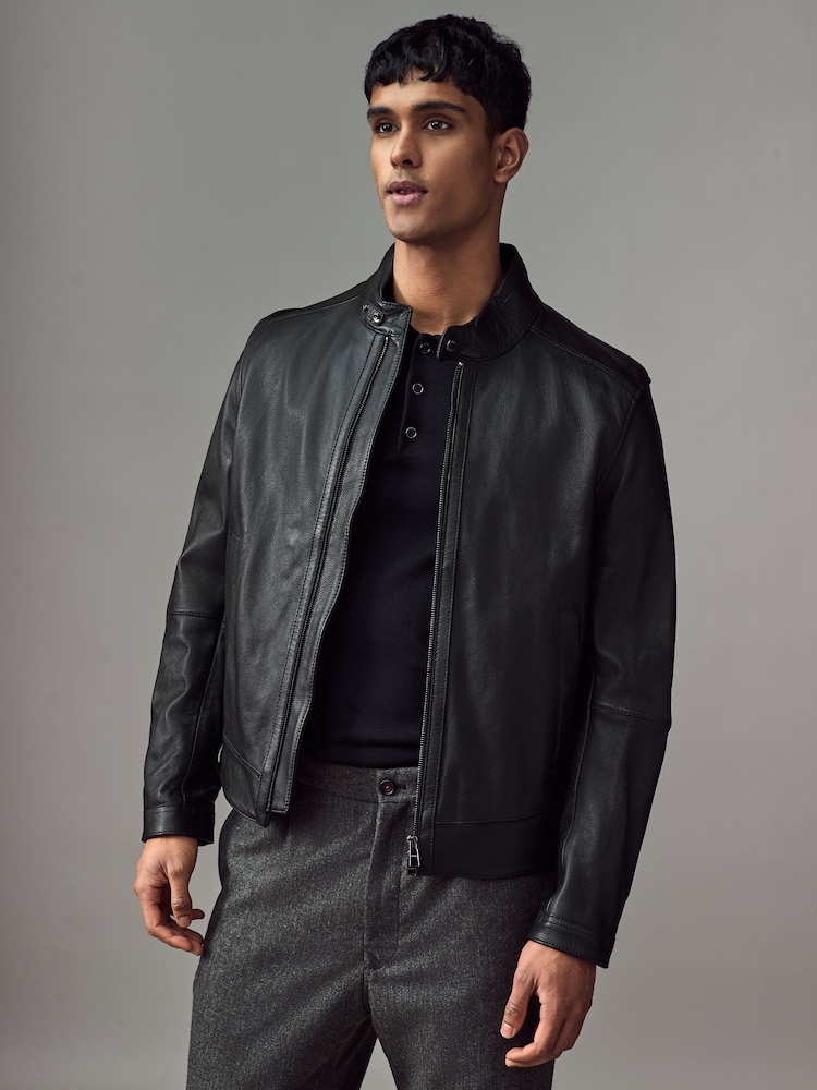 BOSS Black Regular Fit Grained Leather Jacket - Image 1 of 8