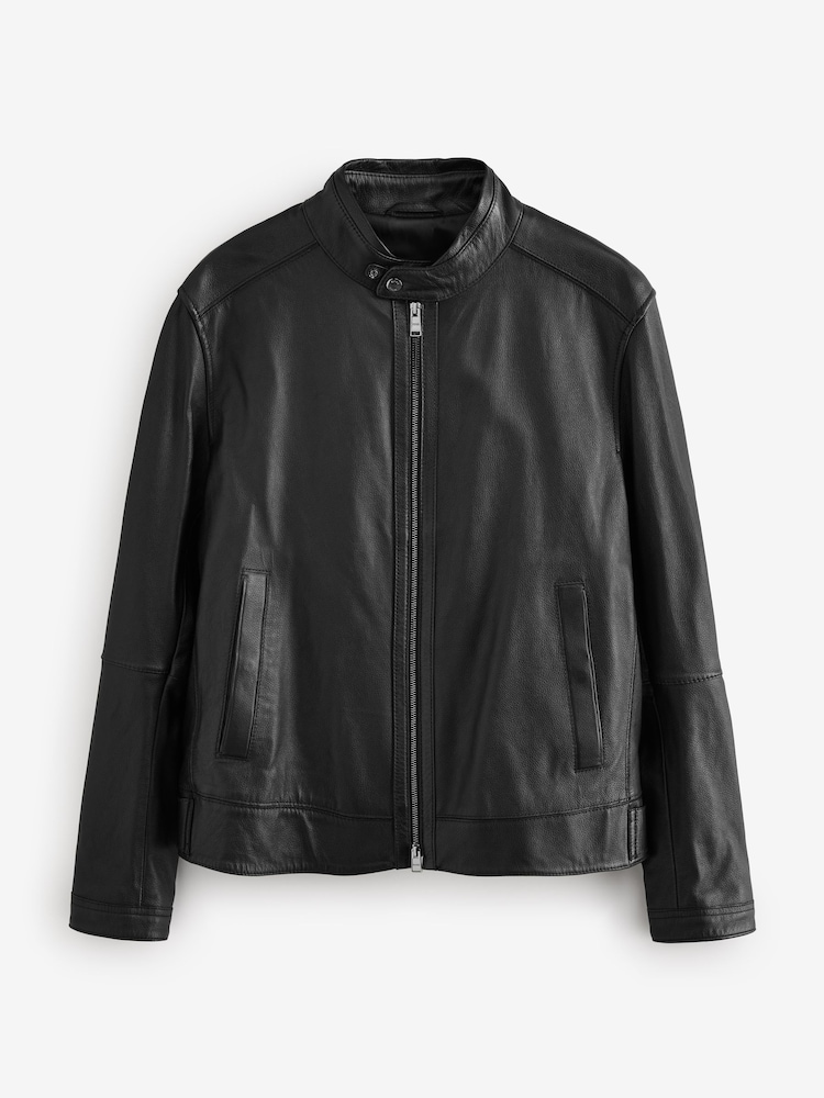BOSS Black Regular Fit Grained Leather Jacket - Image 8 of 8