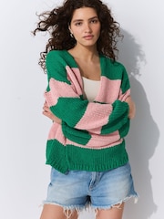 Pink Green Stripe Relaxed Chunky Knit Cardigan with Cotton - Image 1 of 7