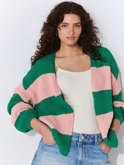 Pink Green Stripe Relaxed Chunky Knit Cardigan with Cotton - Image 2 of 7