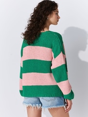 Pink Green Stripe Relaxed Chunky Knit Cardigan with Cotton - Image 4 of 7