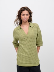 Green Sage 100% Cotton Mesh Fly Collar Polo Shirt - Image 1 of 7
