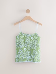 Green Blue Floral Print Embroidered Strappy Cami Top - Image 1 of 3