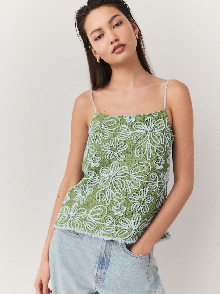 Grün & Blau - Floral Print Embroidered Strappy Cami Top - Bild 2 von 7 Grün & Blau - Floral Print Embroidered Strappy Cami Top - Bild 2 von 7