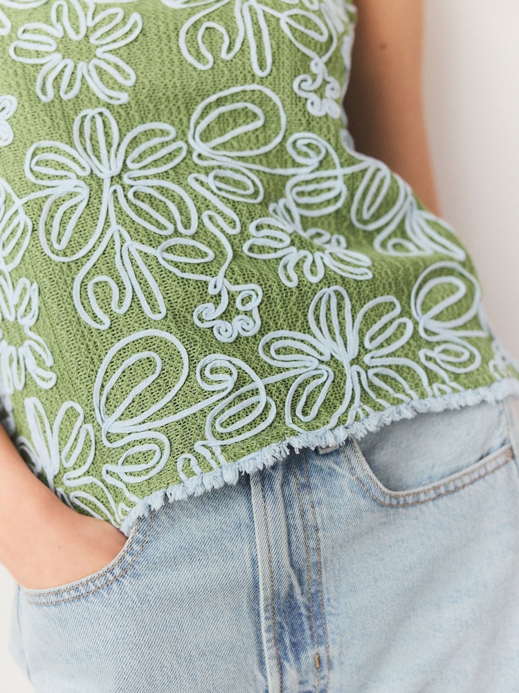 Verde y azul - Top camisero de tirantes bordados con estampado floral - Imagen 2 de 2