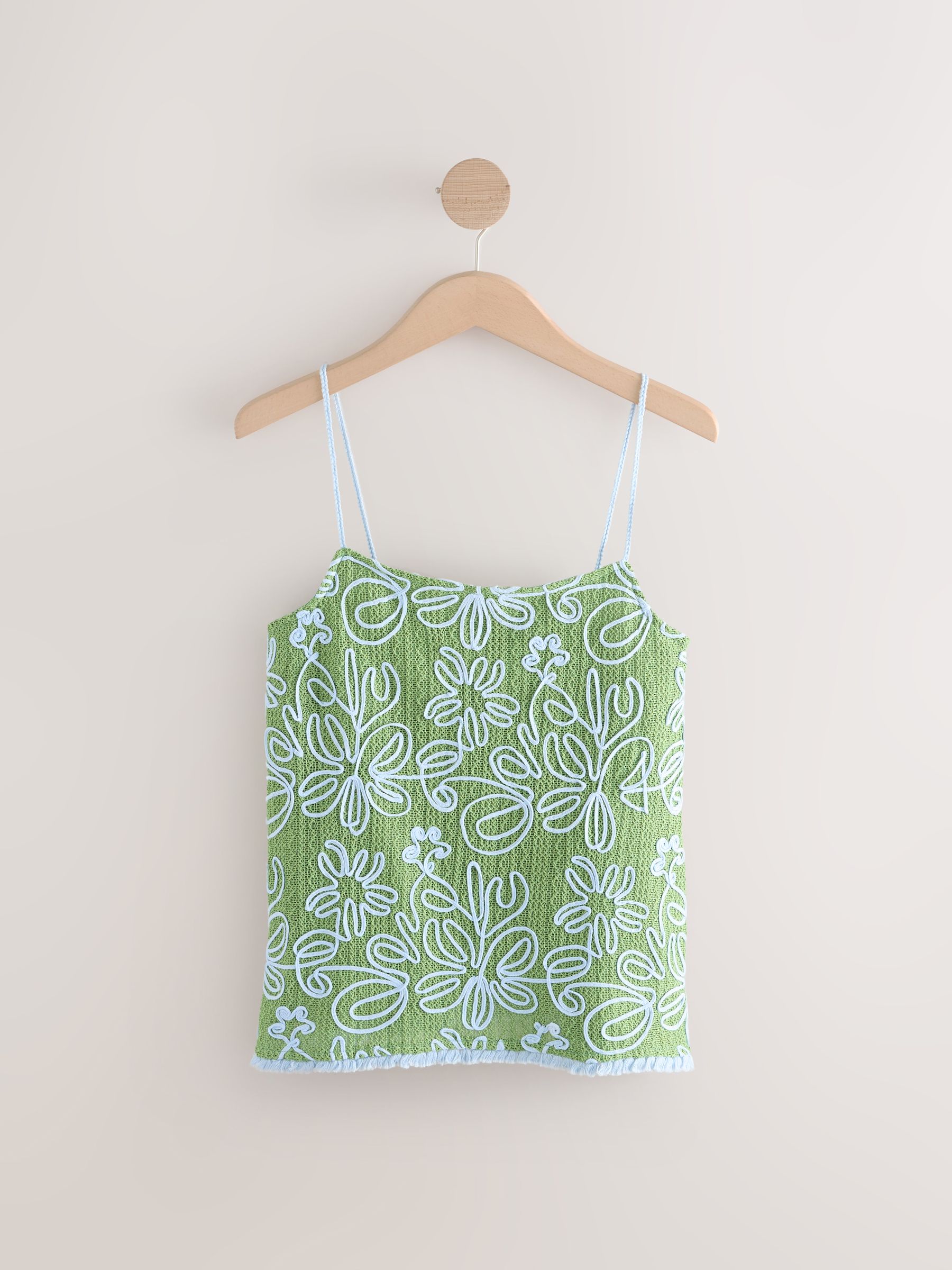Buy Green Blue Floral Print Embroidered Strappy Cami Top from the