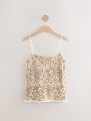 Neutral Floral Print Embroidered Strappy Cami Top - Image 1 of 3