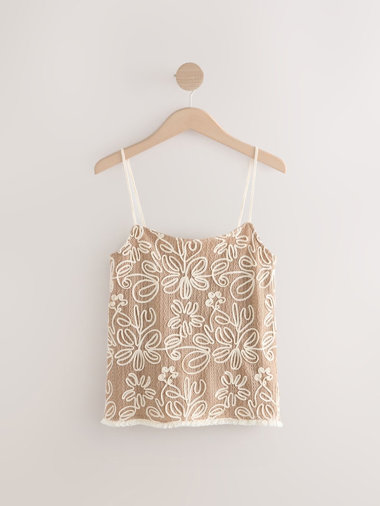 Neutral Floral Print Embroidered Strappy Cami Top - Image 1 of 3