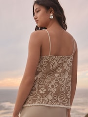 Neutral Floral Print Embroidered Strappy Cami Top - Image 4 of 8