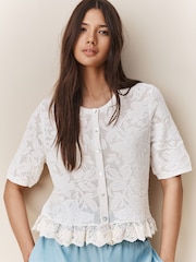 White Ecru Lace-Up Button Frill Half Sleeve Top - Image 1 of 5
