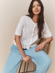 White Ecru Lace-Up Button Frill Half Sleeve Top - Image 3 of 5