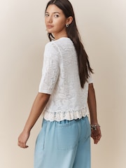 White Ecru Lace-Up Button Frill Half Sleeve Top - Image 4 of 5