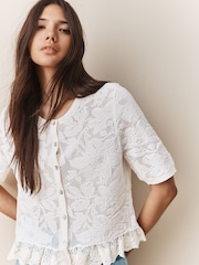 White Ecru Lace-Up Button Frill Half Sleeve Top - Image 5 of 5