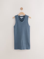 Blue Chambray 100% Cotton Crew Neck Ribbed Knitted Tank - Image 1 of 3