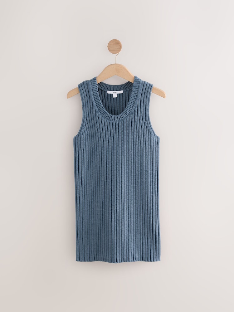 Blue Chambray 100% Cotton Crew Neck Ribbed Knitted Tank - Image 1 of 3