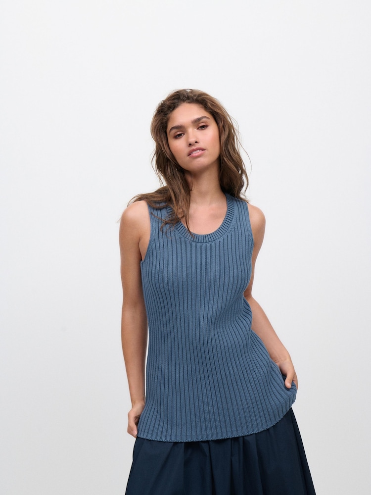 Blue Chambray 100% Cotton Crew Neck Ribbed Knitted Tank - Image 1 of 8 Blue Chambray 100% Cotton Crew Neck Ribbed Knitted Tank - Image 1 of 8