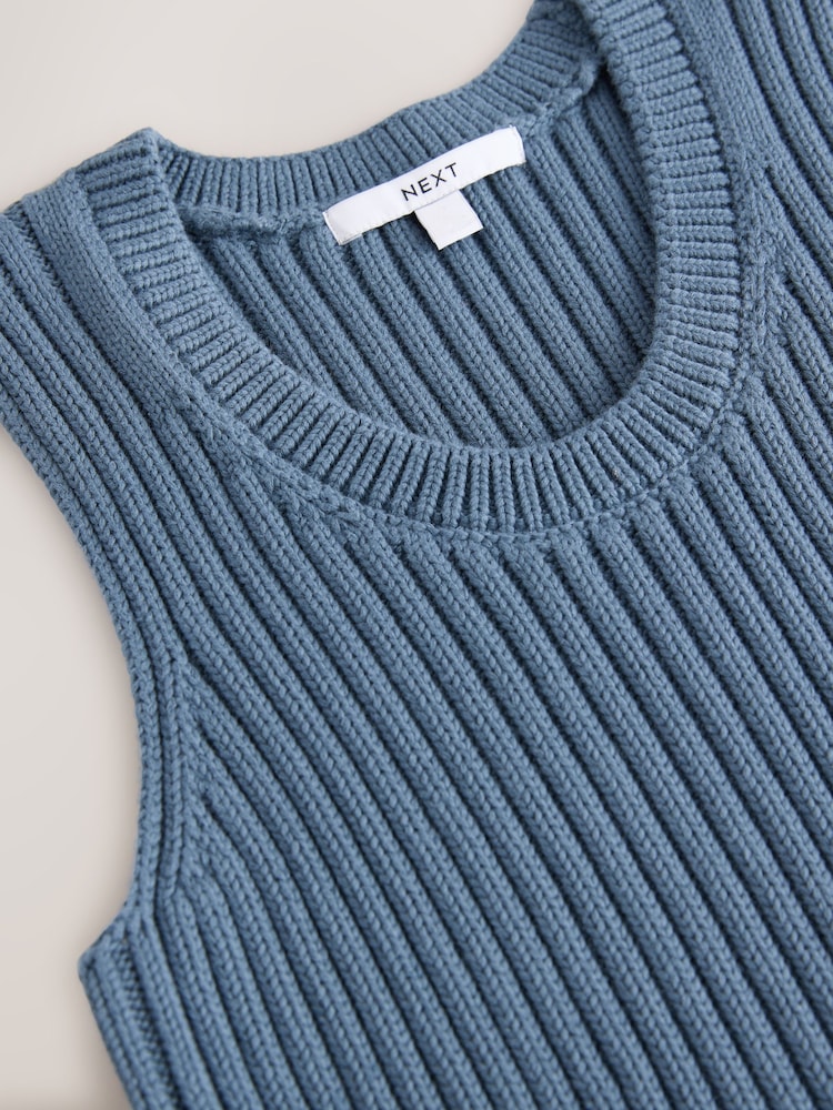 Blue Chambray 100% Cotton Crew Neck Ribbed Knitted Tank - Image 2 of 3