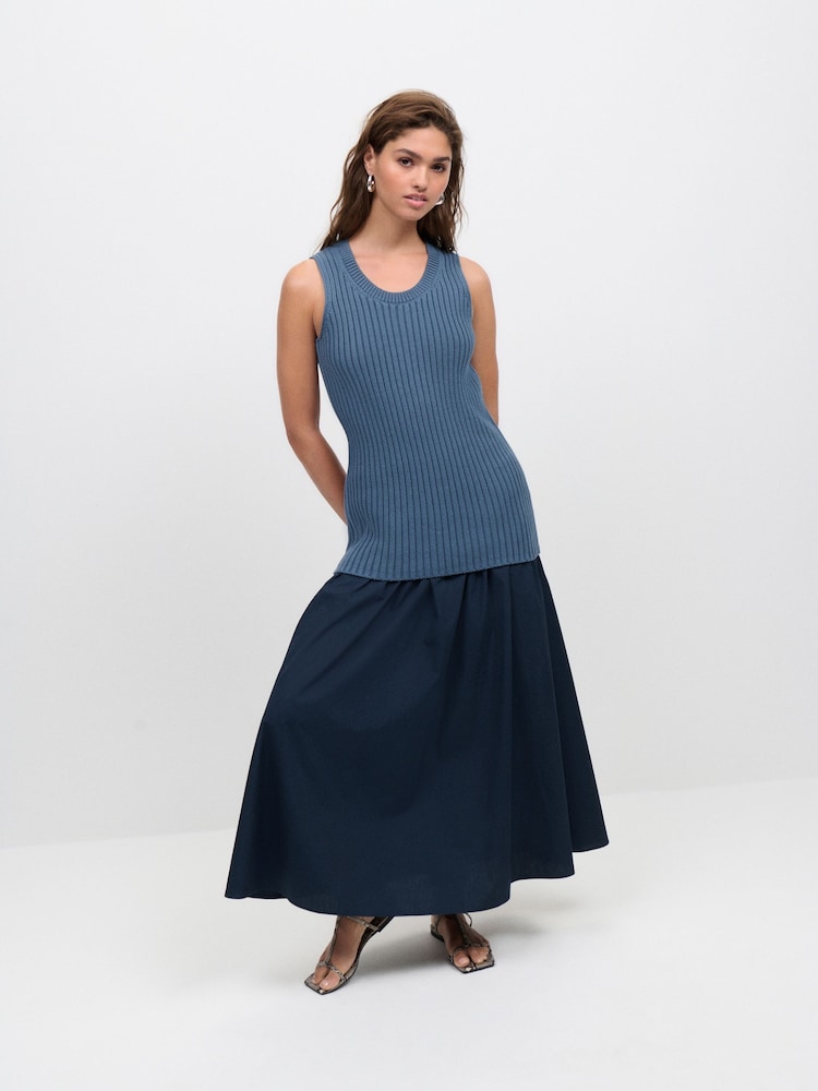 Blue Chambray 100% Cotton Crew Neck Ribbed Knitted Tank - Image 2 of 8 Blue Chambray 100% Cotton Crew Neck Ribbed Knitted Tank - Image 2 of 8