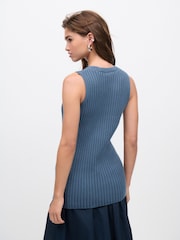 Blue Chambray 100% Cotton Crew Neck Ribbed Knitted Tank - Image 4 of 8