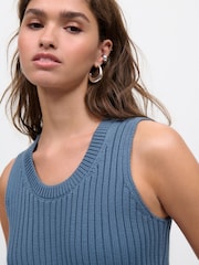 Blue Chambray 100% Cotton Crew Neck Ribbed Knitted Tank - Image 5 of 8