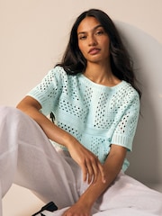 Blue Pale Short Sleeve Crochet Crew Neck T-Shirt - Image 1 of 3