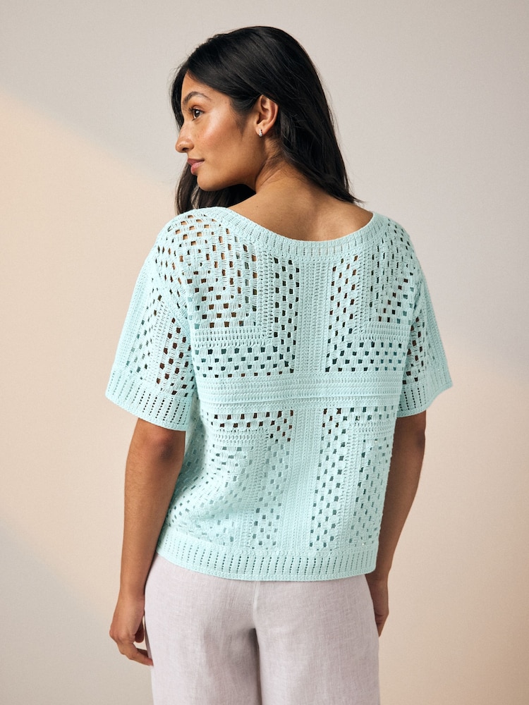 Blue Pale Short Sleeve Crochet Crew Neck T-Shirt - Image 3 of 3
