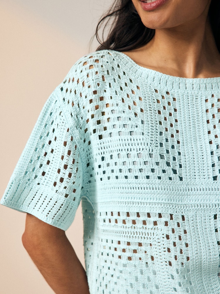 Blue Pale Short Sleeve Crochet Crew Neck T-Shirt - Image 4 of 7