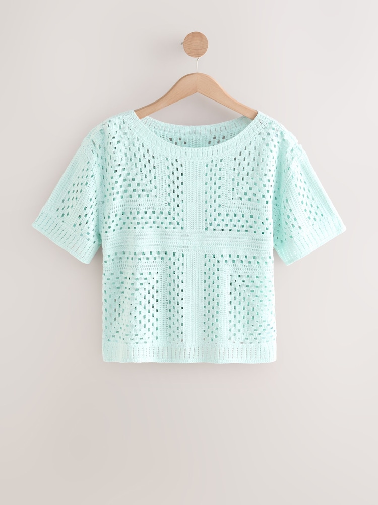 Blue Pale Short Sleeve Crochet Crew Neck T-Shirt - Image 5 of 7