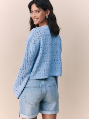 Azul pálido - Crochet Square Patch Button Up Cardigan - Imagem 4 de 5