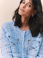 Azul pálido - Crochet Square Patch Button Up Cardigan - Imagem 5 de 5