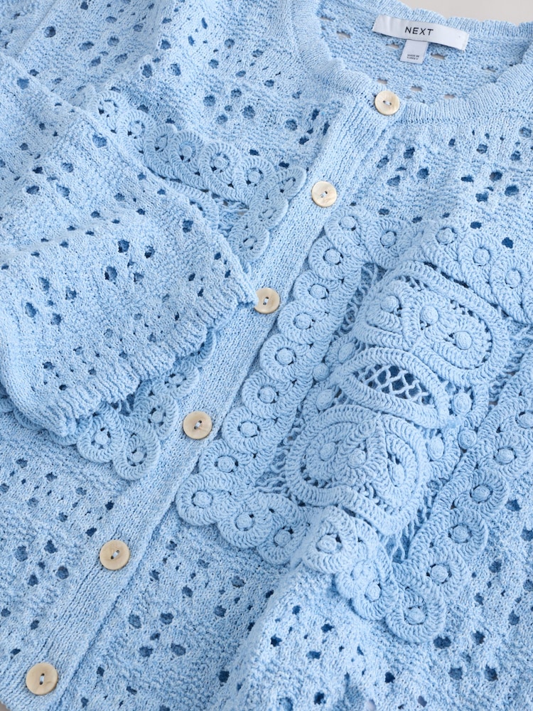 Blue Pale Crochet Square Patch Button Up Cardigan - Image 8 of 8