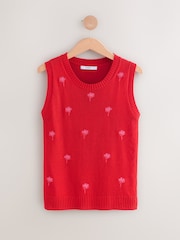 Red Pink Embroidered Palm Tree Knitted Crew Neck Vest with Linen - Image 1 of 3