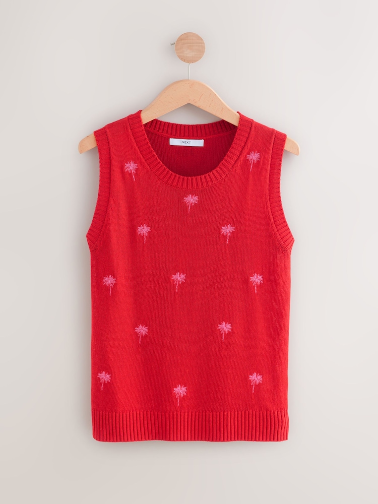 Red Pink Embroidered Palm Tree Knitted Crew Neck Vest with Linen - Image 1 of 3