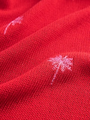 Red Pink Embroidered Palm Tree Knitted Crew Neck Vest with Linen - Image 2 of 3