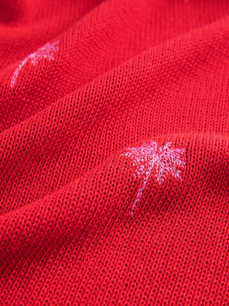 Red Pink Embroidered Palm Tree Knitted Crew Neck Vest with Linen - Image 2 of 3
