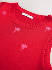 Red Pink Embroidered Palm Tree Knitted Crew Neck Vest with Linen - Image 3 of 3