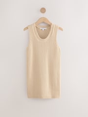 Beige Stone 100% Cotton Crew Neck Ribbed Knitted Tank - Image 1 of 3