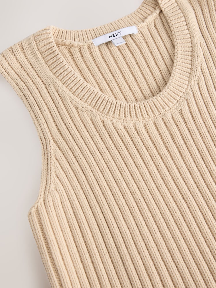 Beige Stone 100% Cotton Crew Neck Ribbed Knitted Tank - Image 2 of 3