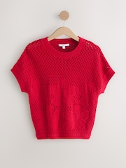 Red 100% Cotton Floral Crochet Short Sleeve Top - Image 1 of 3