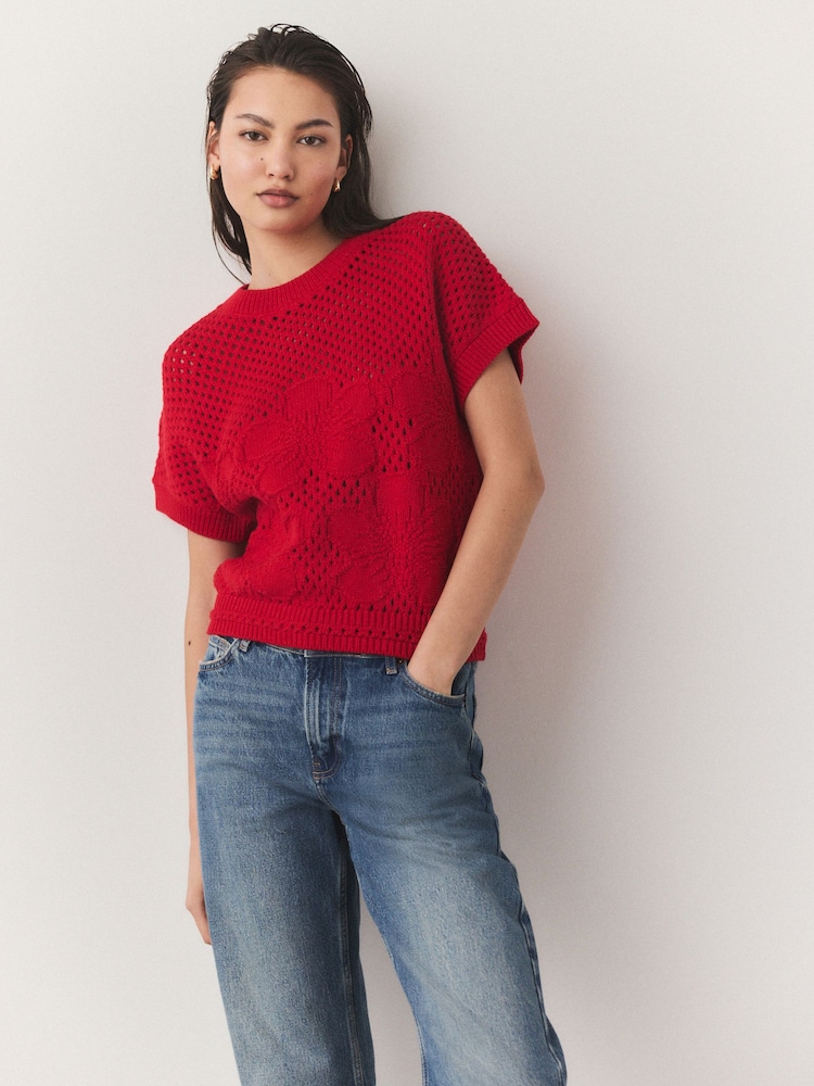 Red 100% Cotton Floral Crochet Short Sleeve Top - Image 1 of 8 Red 100% Cotton Floral Crochet Short Sleeve Top - Image 1 of 8