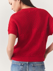 Red 100% Cotton Floral Crochet Short Sleeve Top - Image 4 of 8